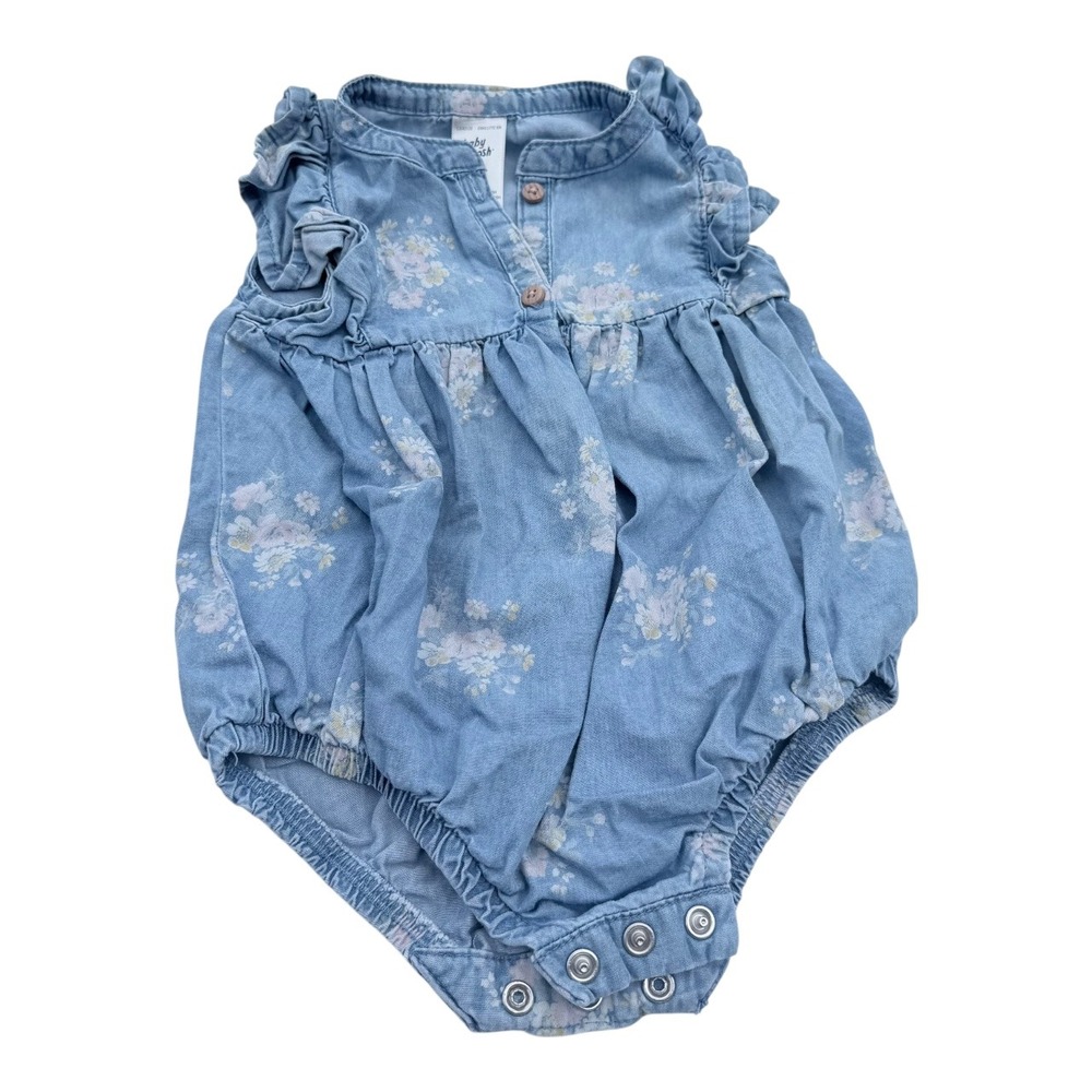Baby Bgosh Floral Bubble Romper 3M Baby Girl Blue Cotton Chambray Boho Excellent
